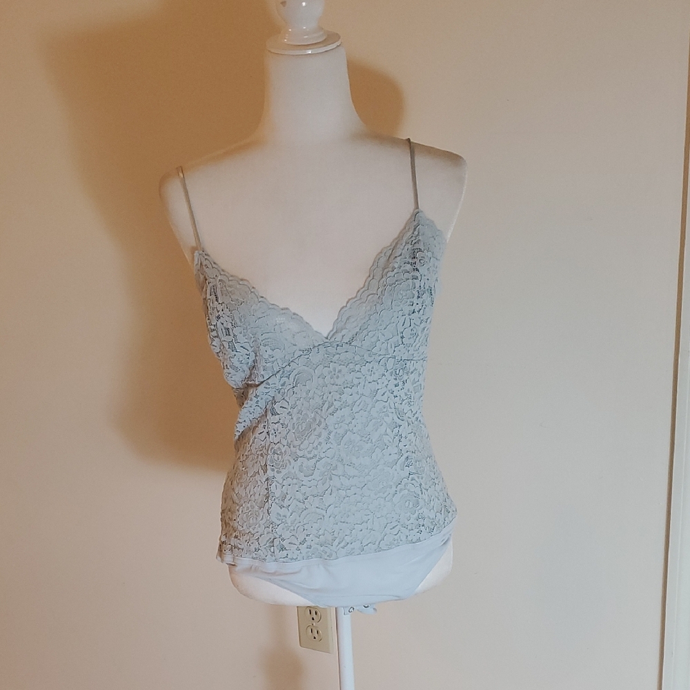 Express Lace Spaghetti Strap Bodysuit In Light Blue